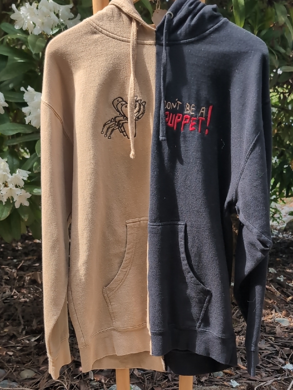 Don't Be A Puppet Embroidered Half-and-Half Pullover Hoodie in Tan and Black
